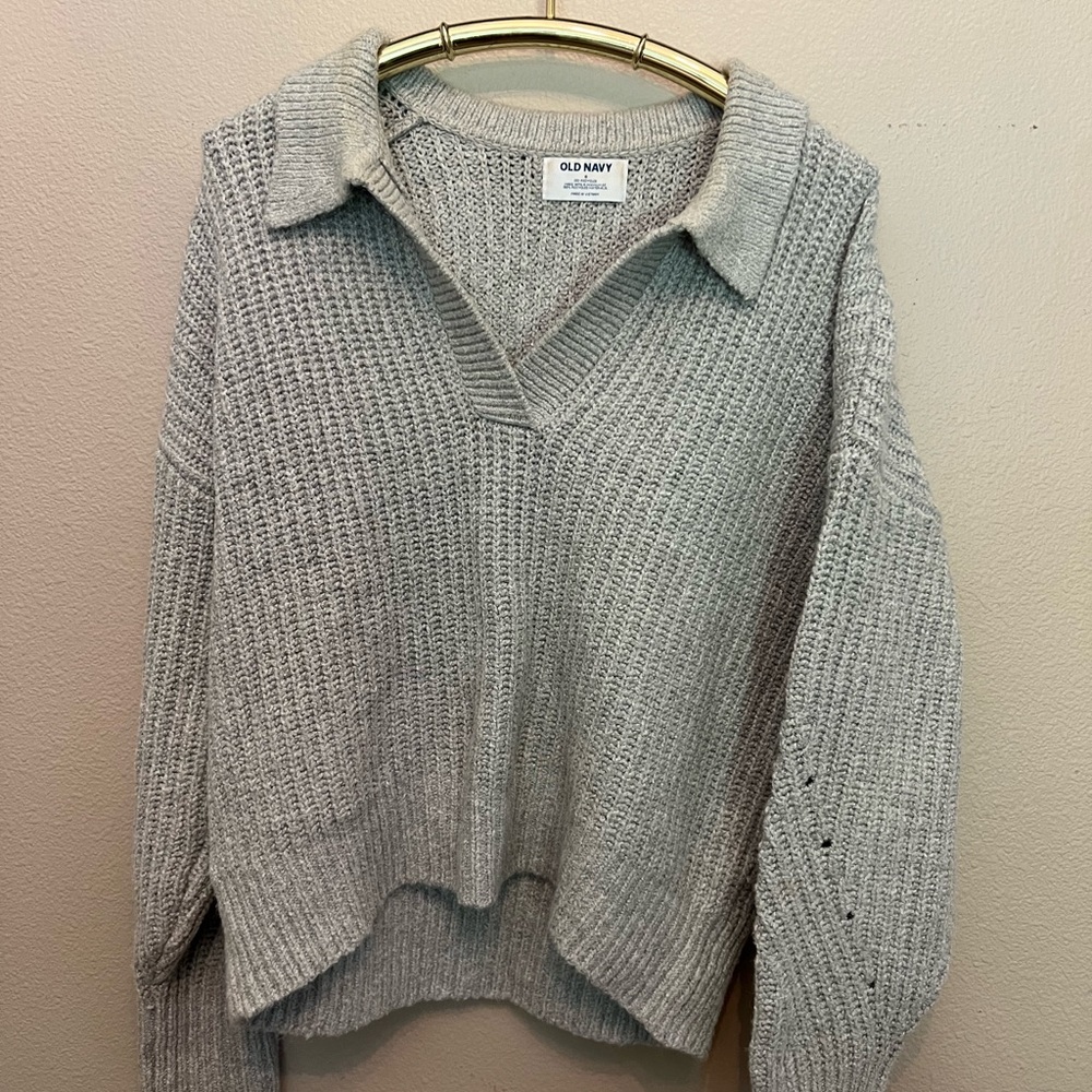 Old Navy Gray V-Neck Collared Sweater